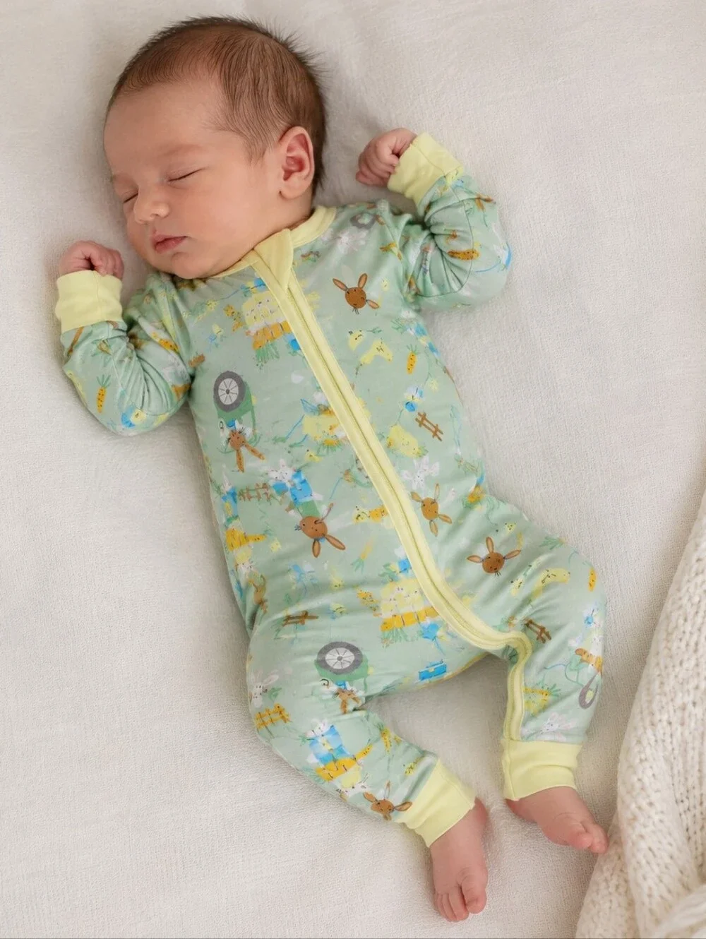 Little Sleepies Newborn Zip Sleeper – Mint Farm Bunny Print Whimsical Baby Cotta